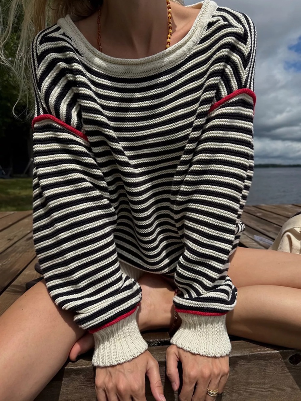 Free People Black & Cream Striped Crewneck Sweater with Red Hem - Picture 2 of 8